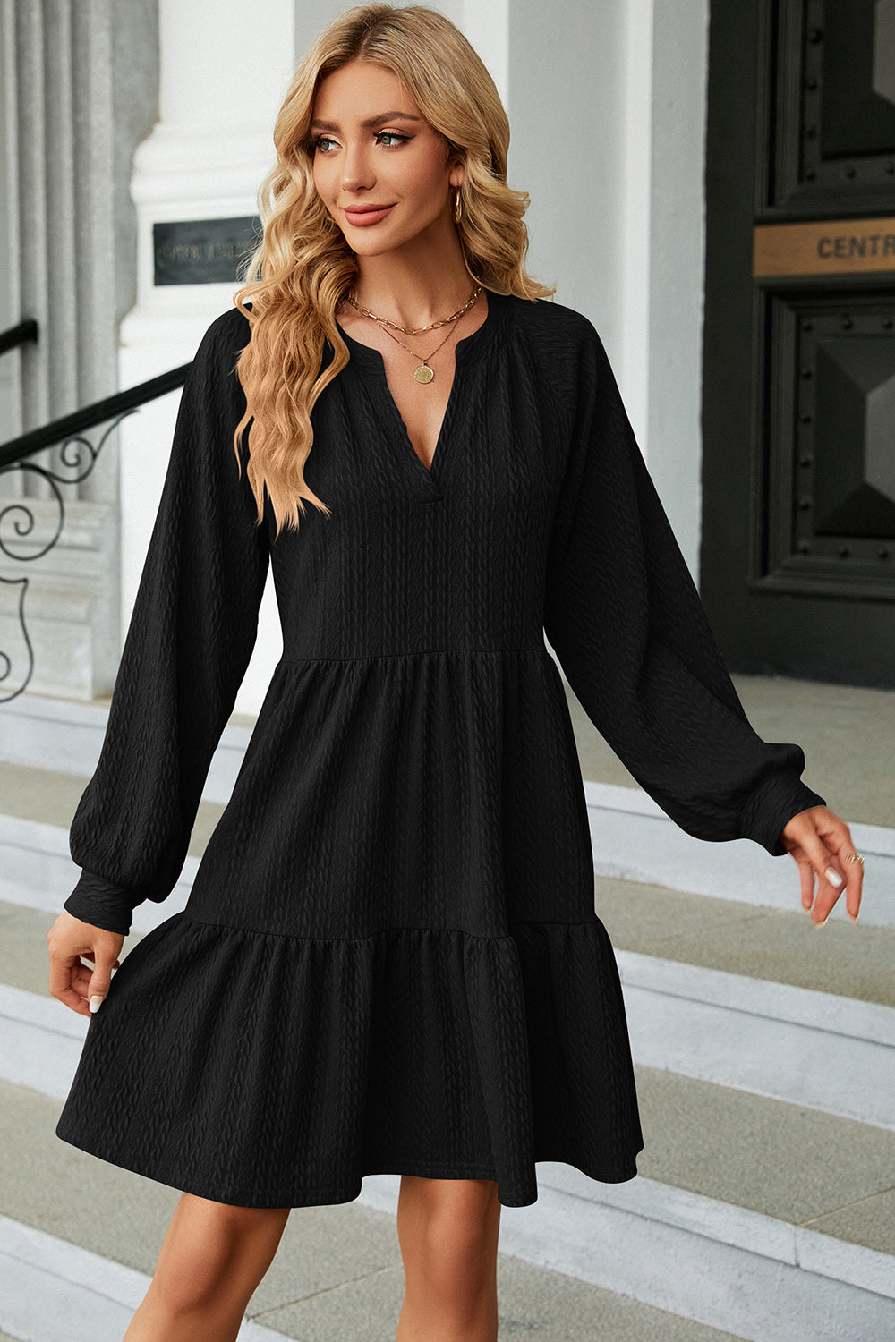 Ruched Notched Long Sleeve Mini Dress - store name