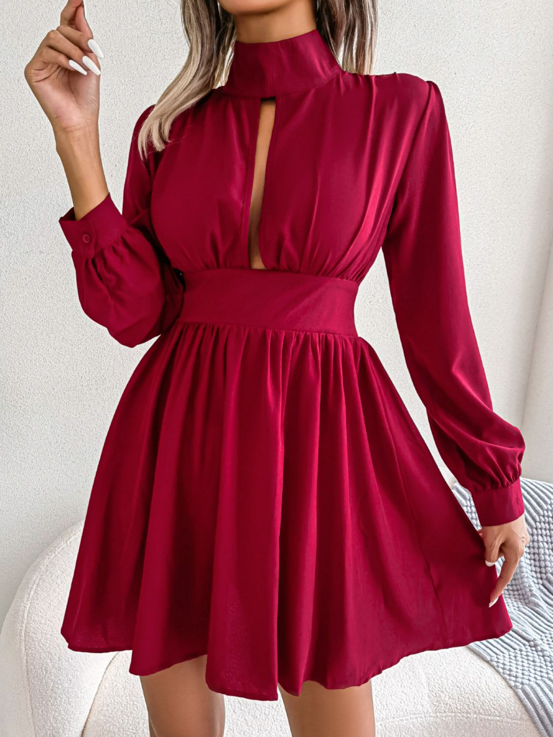 Cutout Turtleneck A-Line Mini Dress - store name