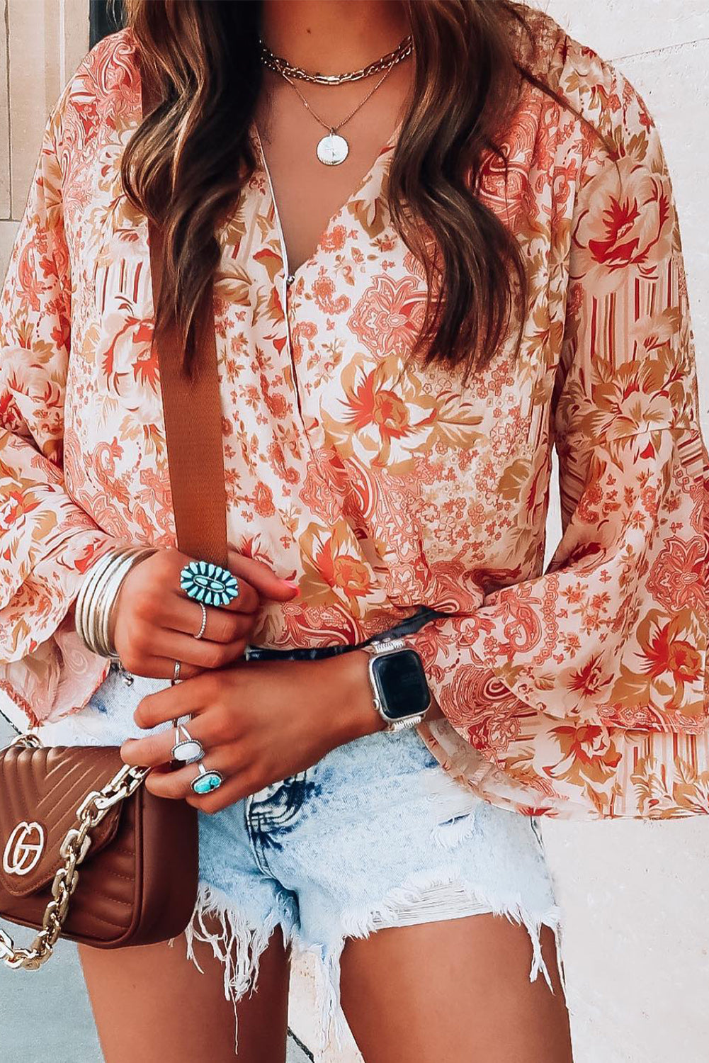 Floral Surplice Flare Sleeve Bodysuit - store name