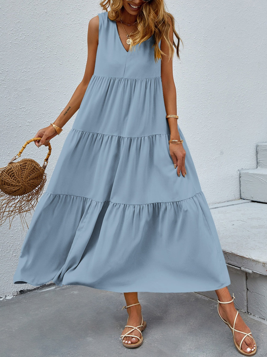 Tiered V-Neck Sleeve Dress - store name