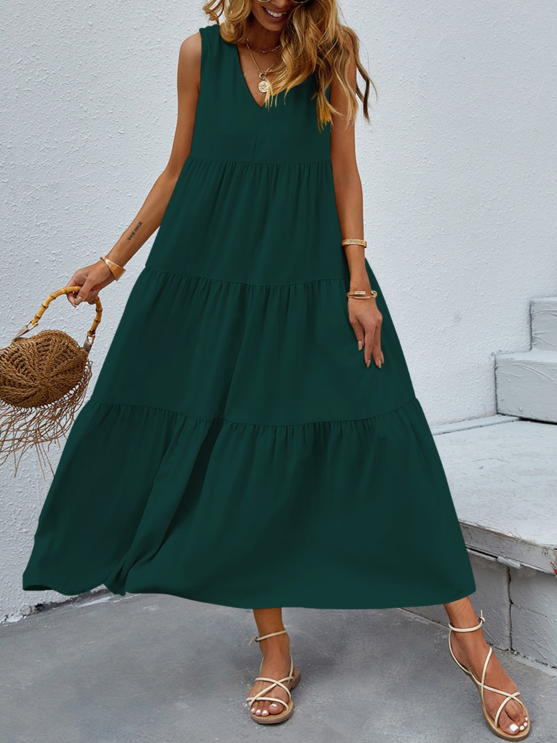 Tiered V-Neck Sleeve Dress - store name
