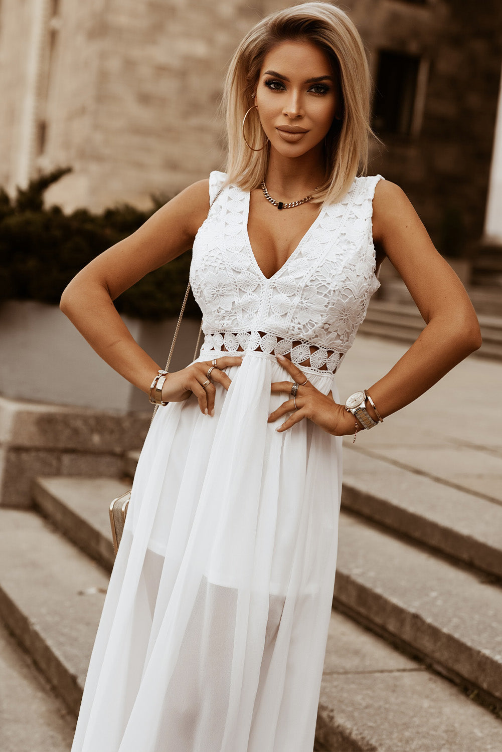 Slit Lace Detail V-Neck Dress - store name