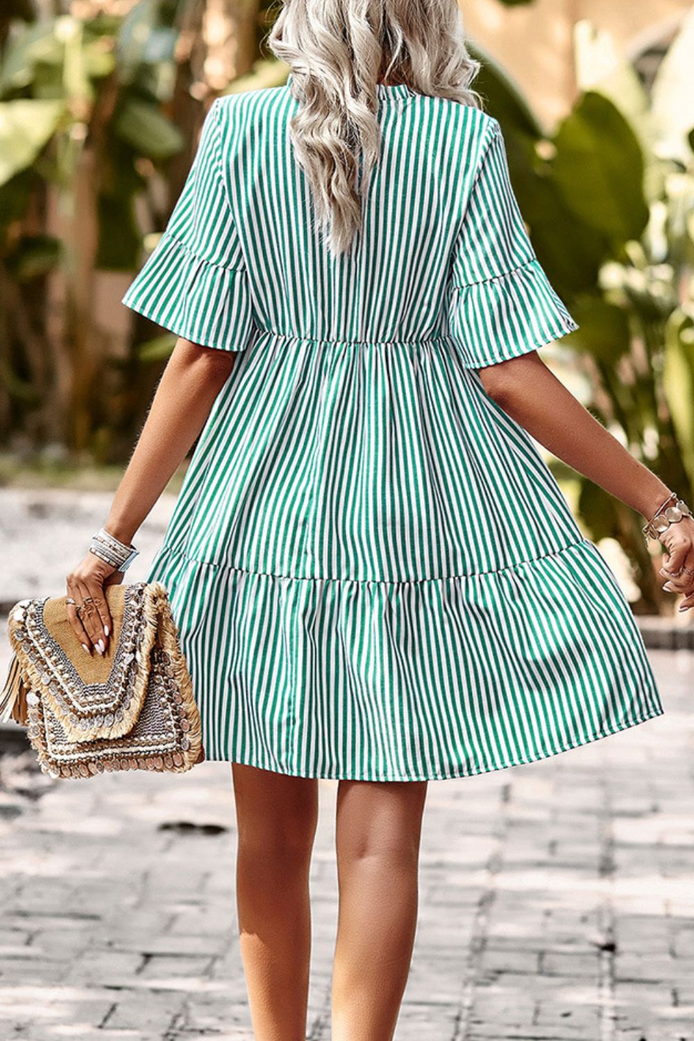 Striped Tie Neck Flare Sleeve Dress - store name