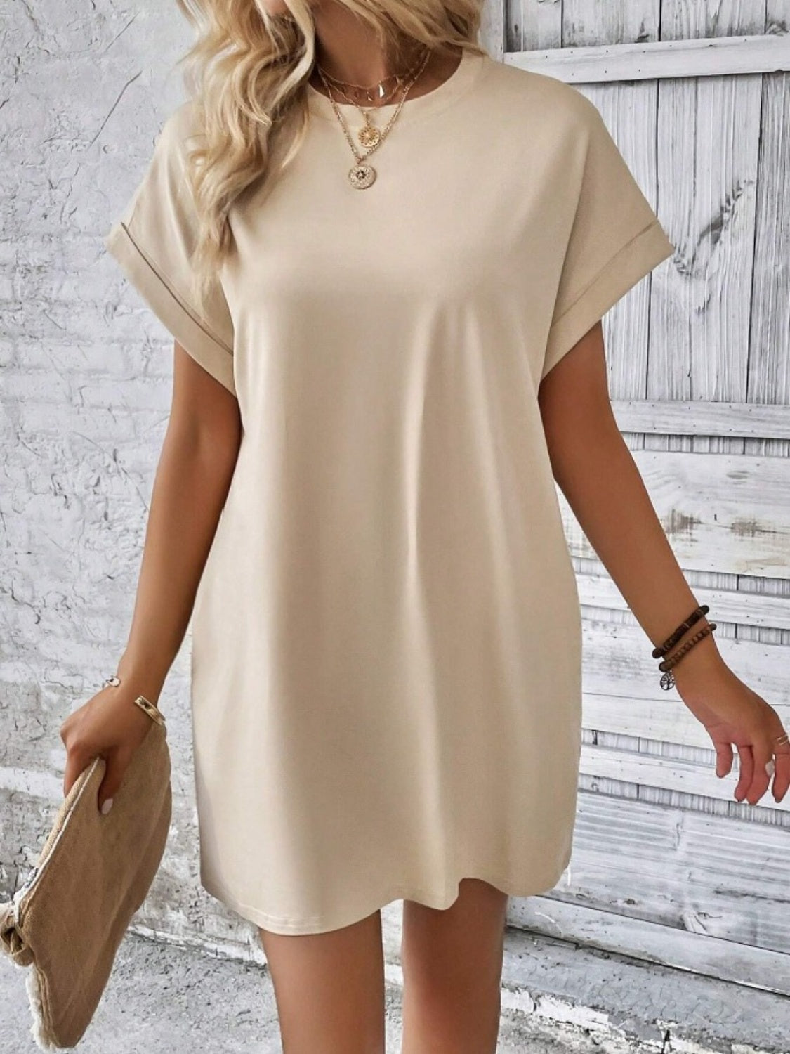Pocketed Round Neck Short Sleeve Dress - store name