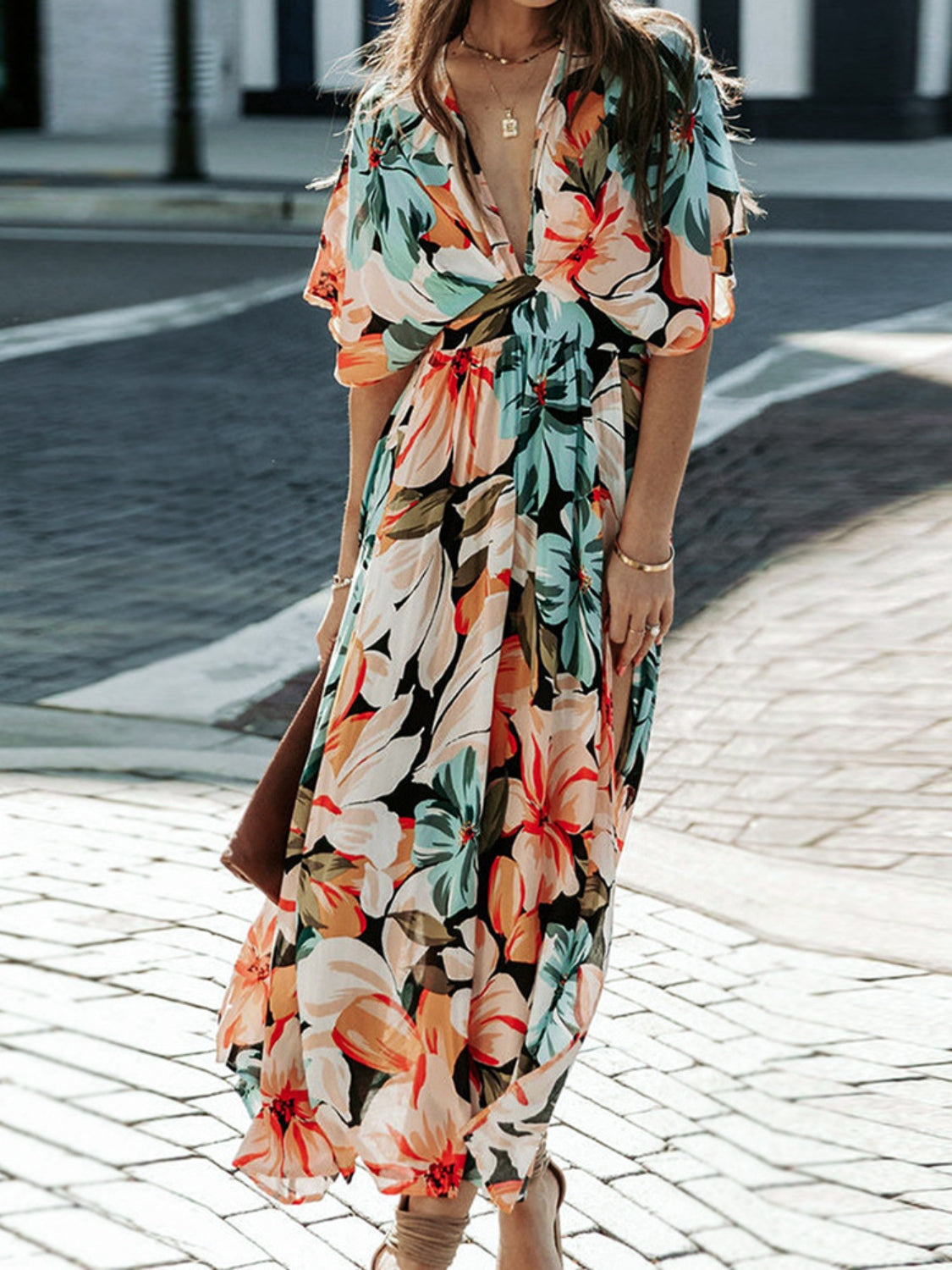 Floral Plunge Half Sleeve Dress - store name