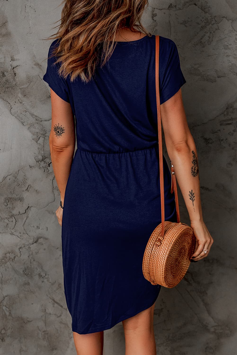 Short Sleeve Ruched Asymmetrical Hem Dress - store name