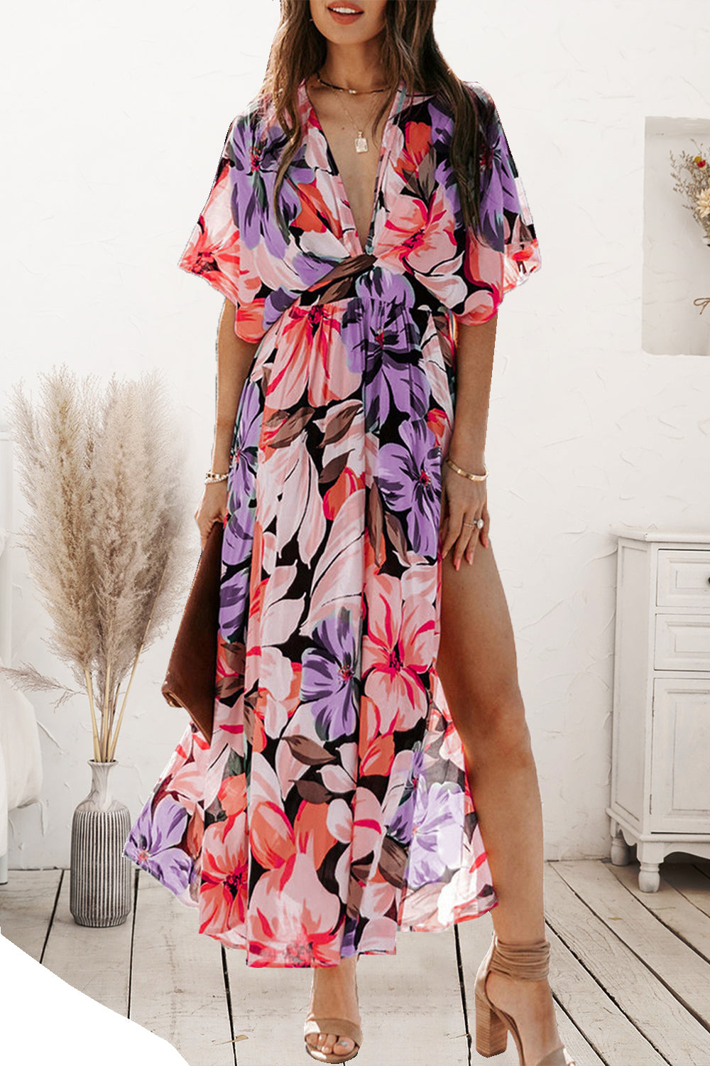 Plunge Printed Split Midi Dress - store name