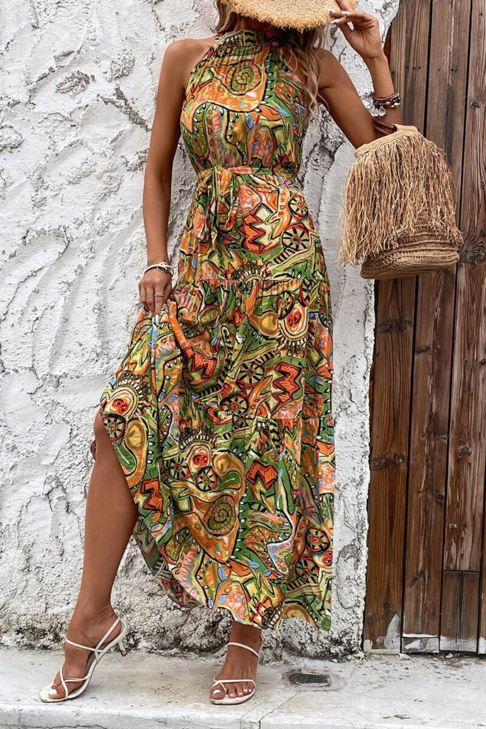 Tied Slit Floral Sleeveless Dress - store name