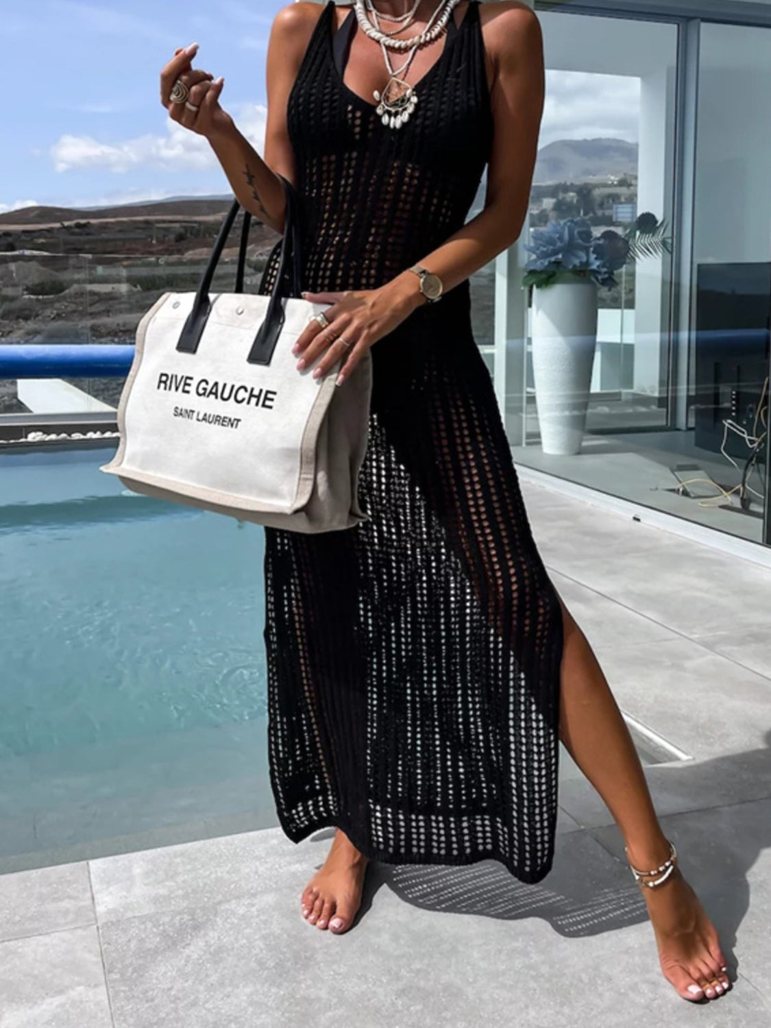 Openwork Slit Cutout Wide Strap Dress - store name