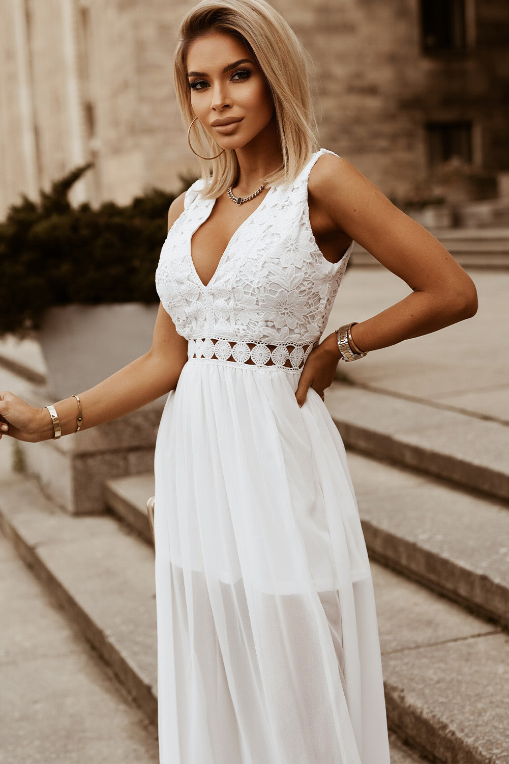 Slit Lace Detail V-Neck Dress - store name