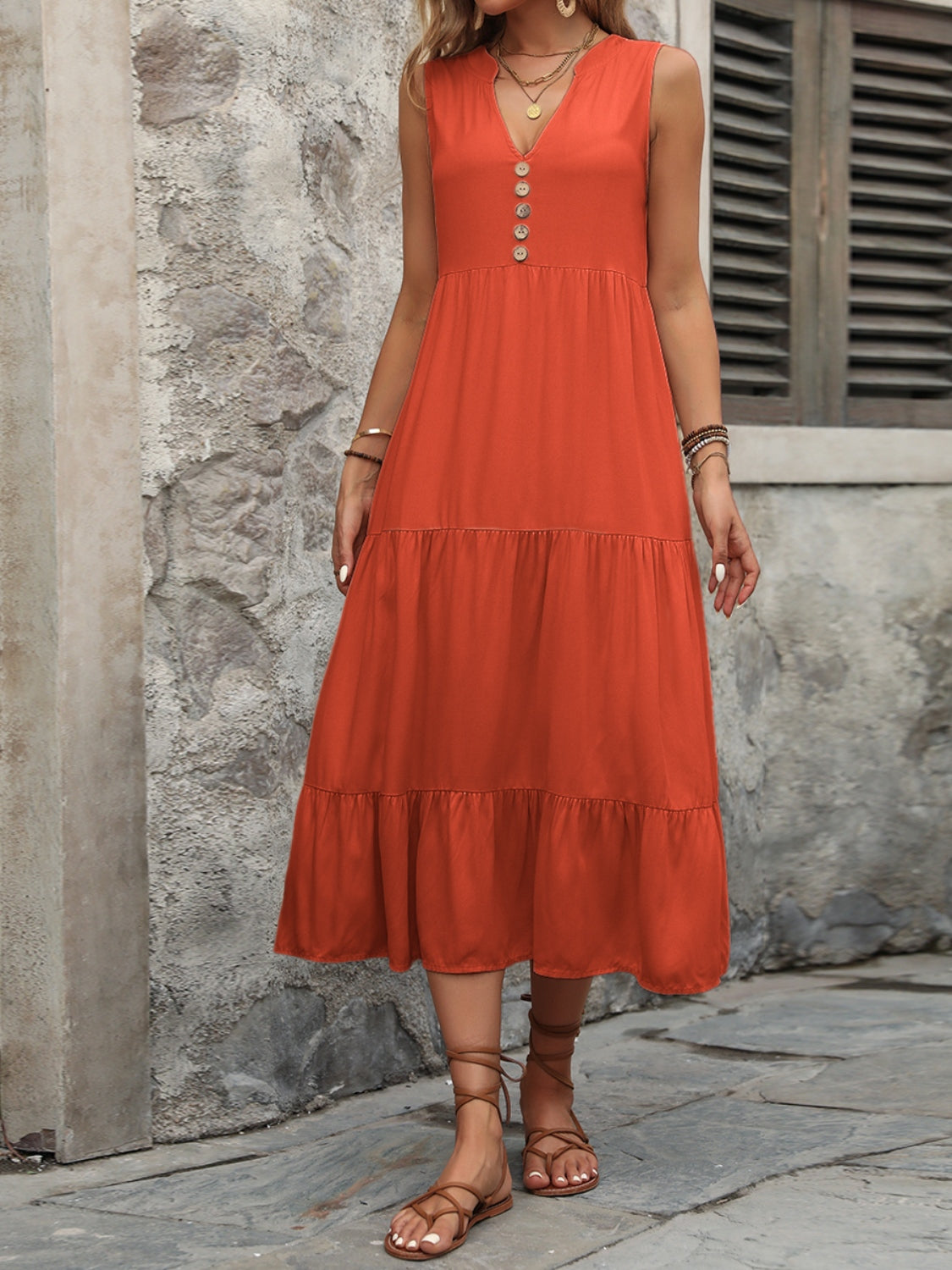 Decorative Button Notched Sleeveless Dress - store name