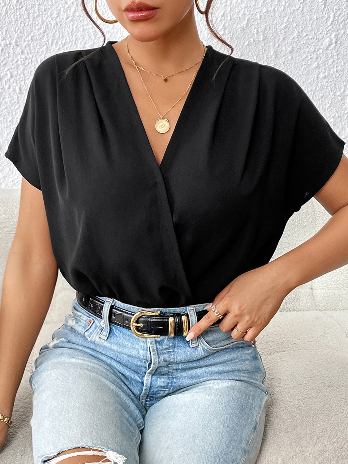 Surplice Short Sleeve Ruched Bodysuit - store name