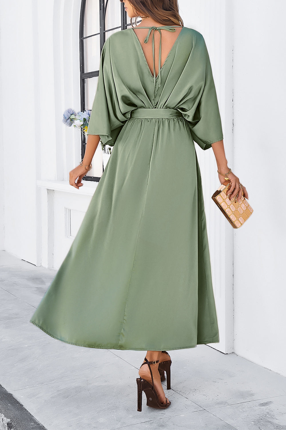 Slit Tied V-Neck Three-Quarter Sleeve Dress - store name