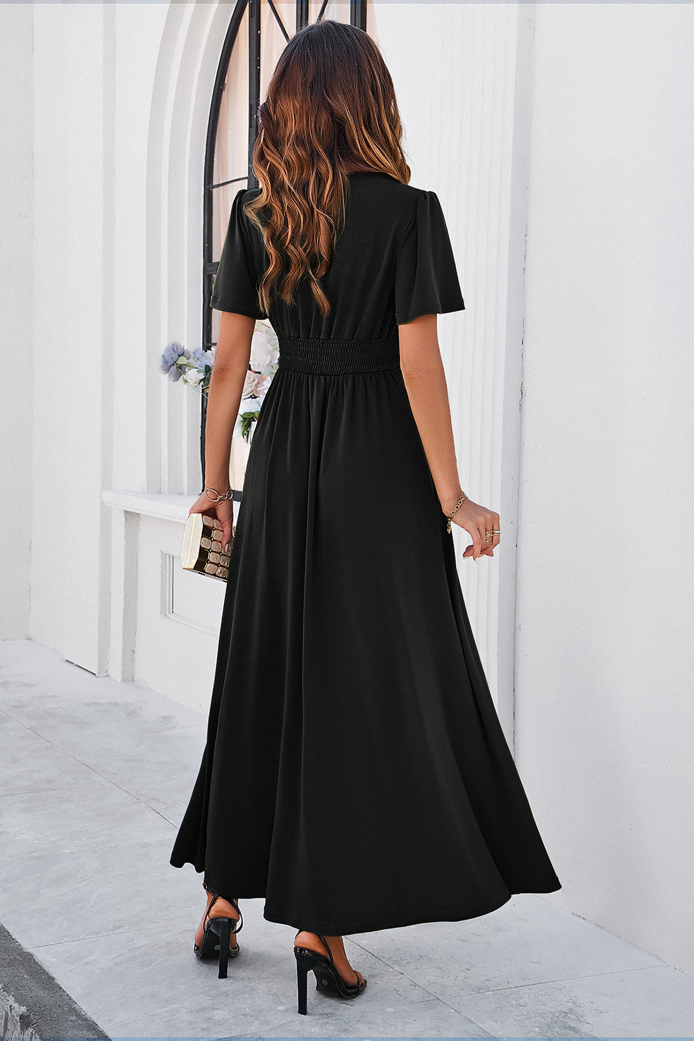 Slit V-Neck Short Sleeve Dress - store name