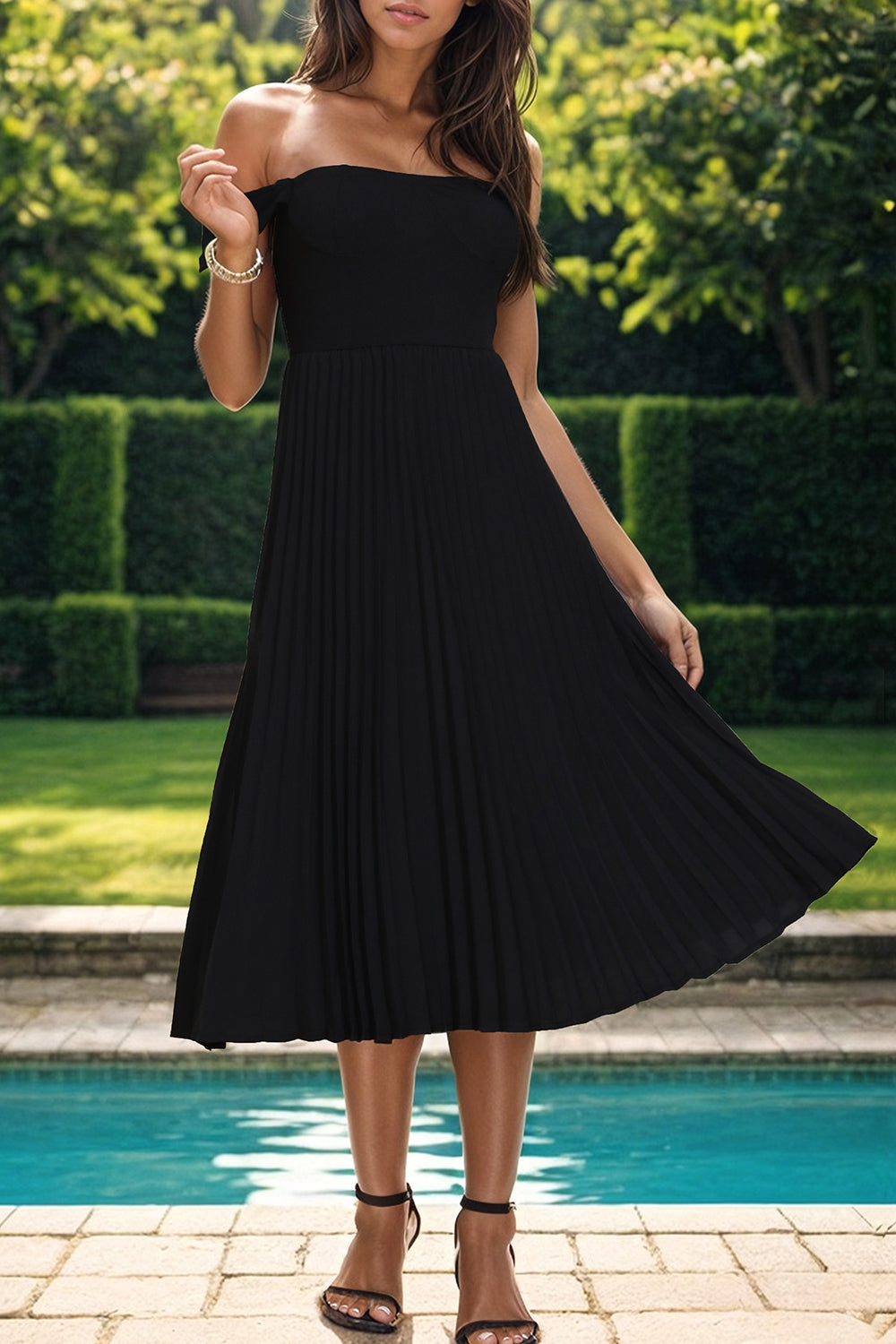 Pleated Off-Shoulder Midi Dress - store name