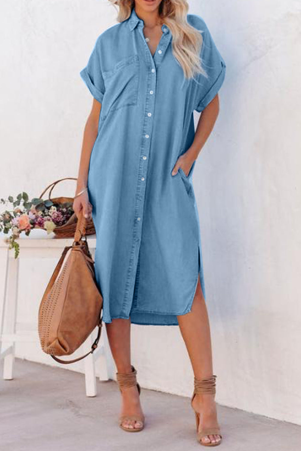 Slit Button Up Short Sleeve Imitation Denim Dress - store name