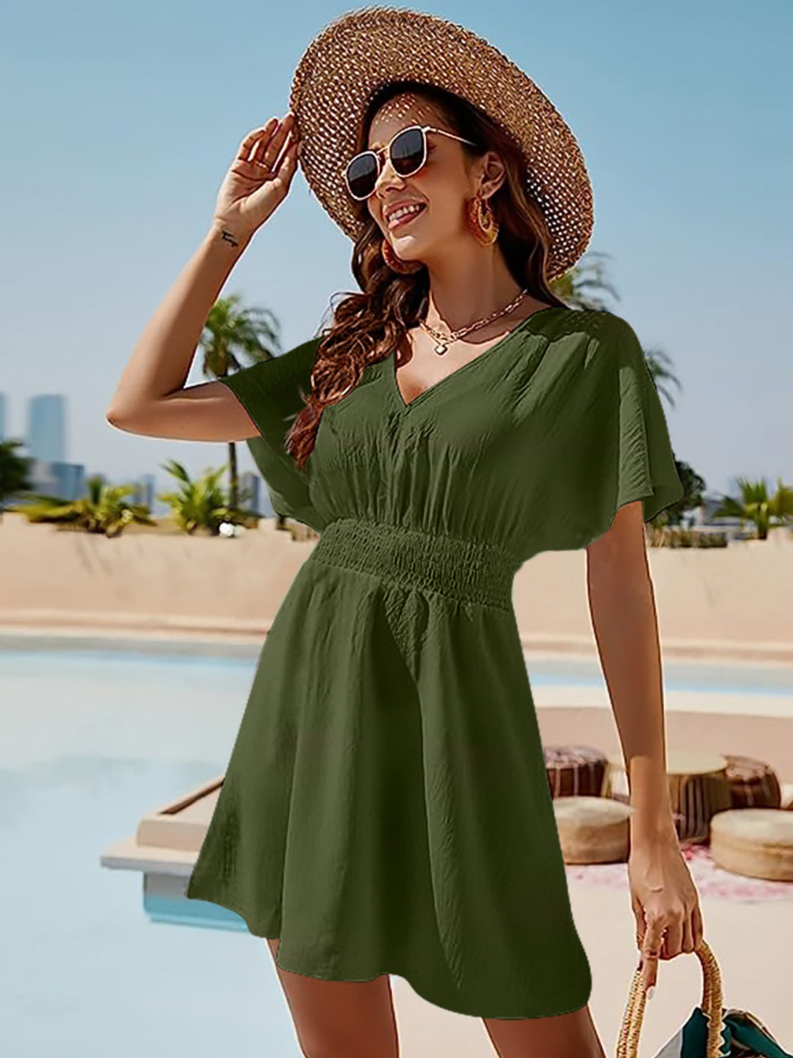 Smocked V-Neck Short Sleeve Dress - store name