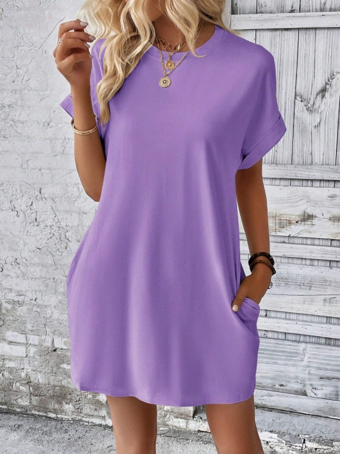 Pocketed Round Neck Short Sleeve Dress - store name