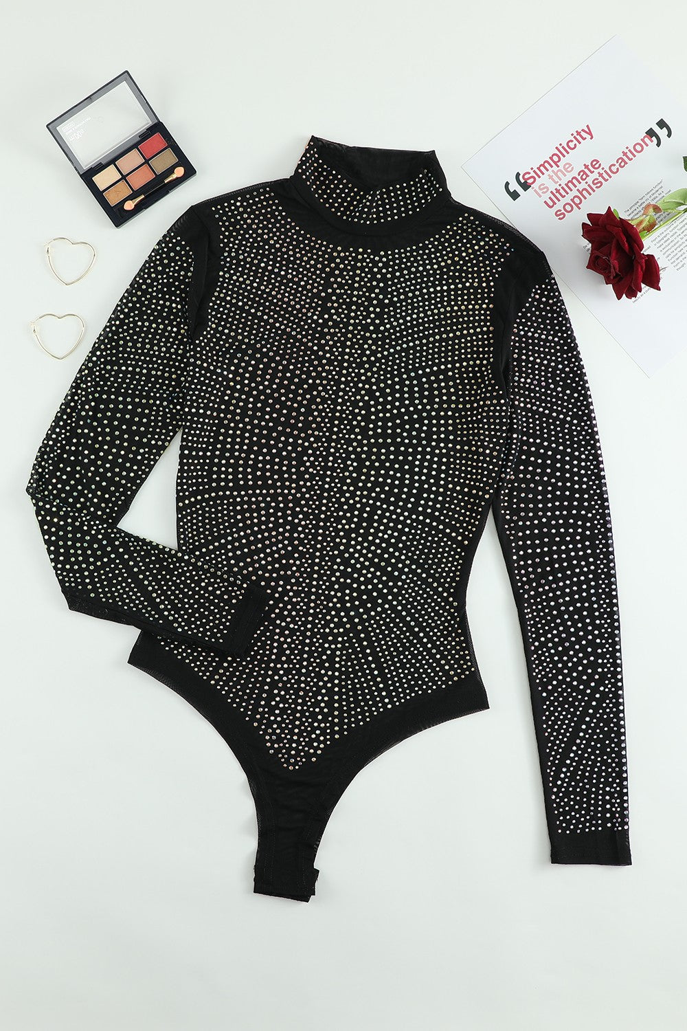 Rhinestone Mock Neck Long Sleeve Bodysuit - store name