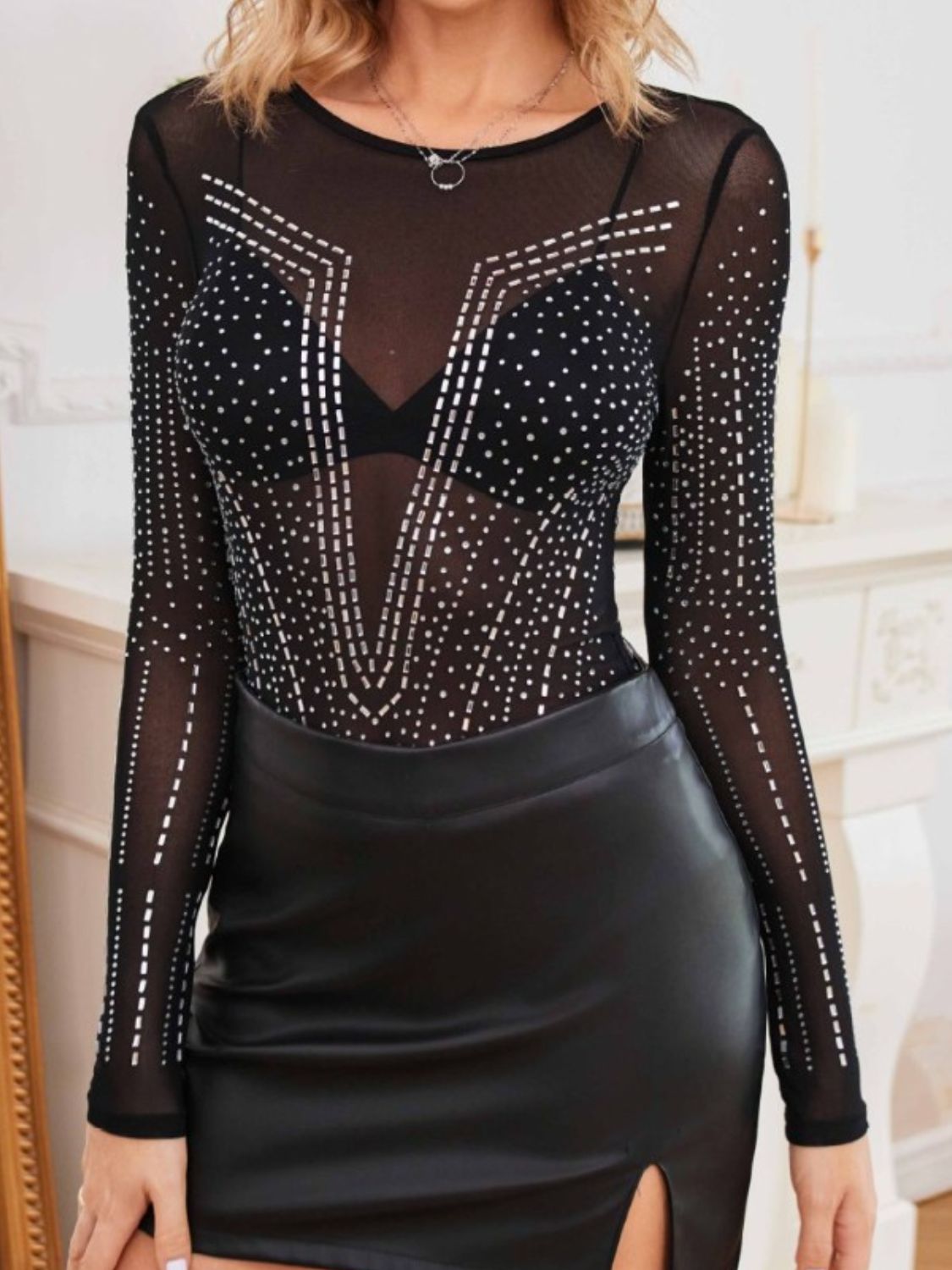 Rhinestone Mesh See-Through Long Sleeve Bodysuit - store name