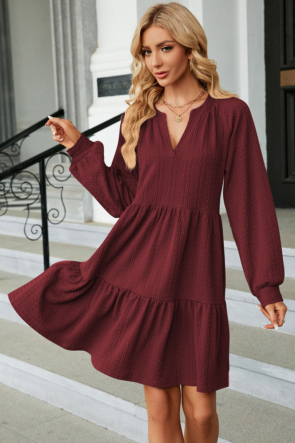 Ruched Notched Long Sleeve Mini Dress - store name
