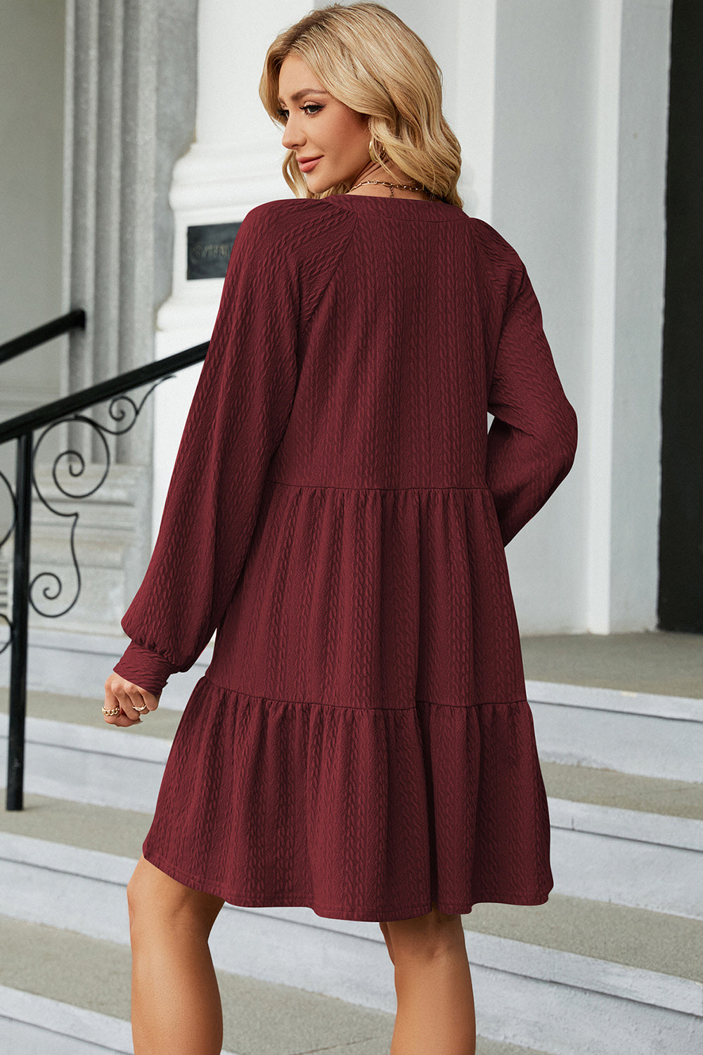 Ruched Notched Long Sleeve Mini Dress - store name