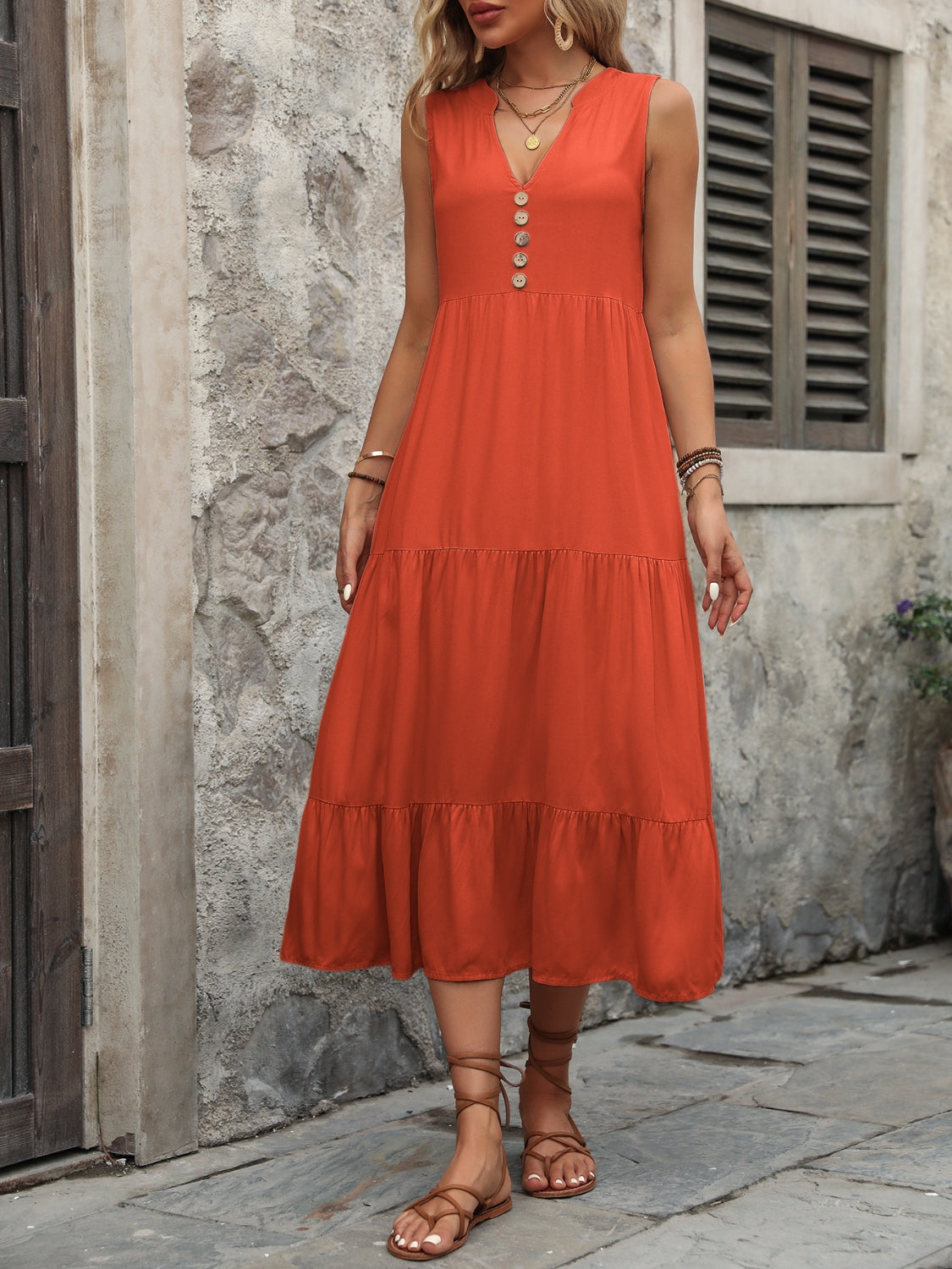 Decorative Button Notched Sleeveless Dress - store name