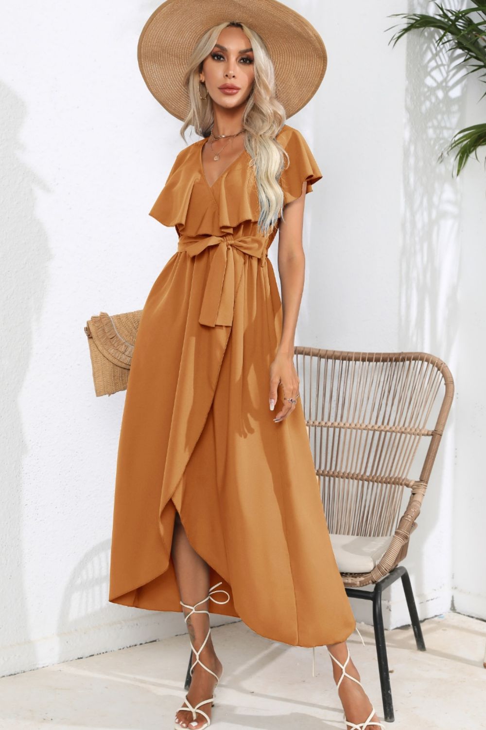 Ruffled Tied V-Neck Midi Dress - store name