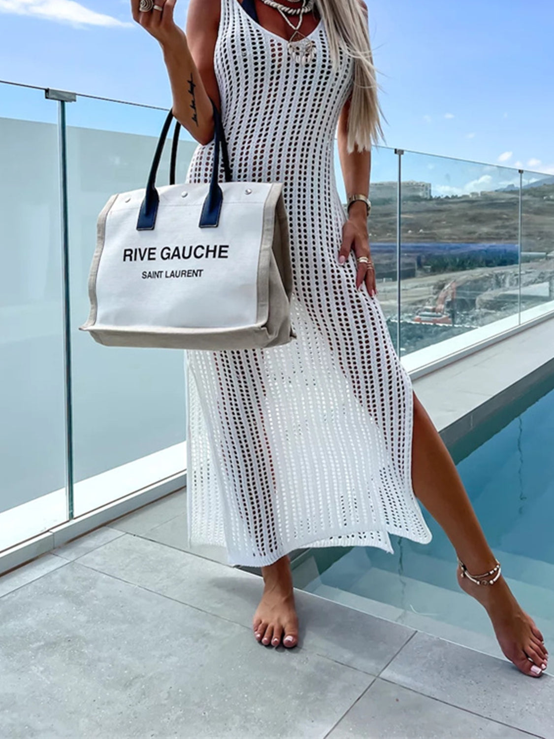 Openwork Slit Cutout Wide Strap Dress - store name