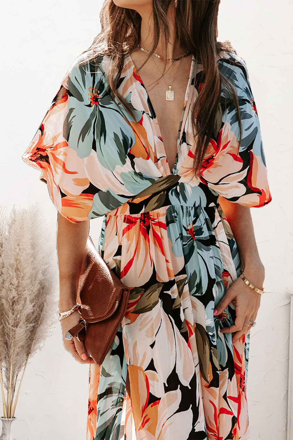 Plunge Printed Split Midi Dress - store name