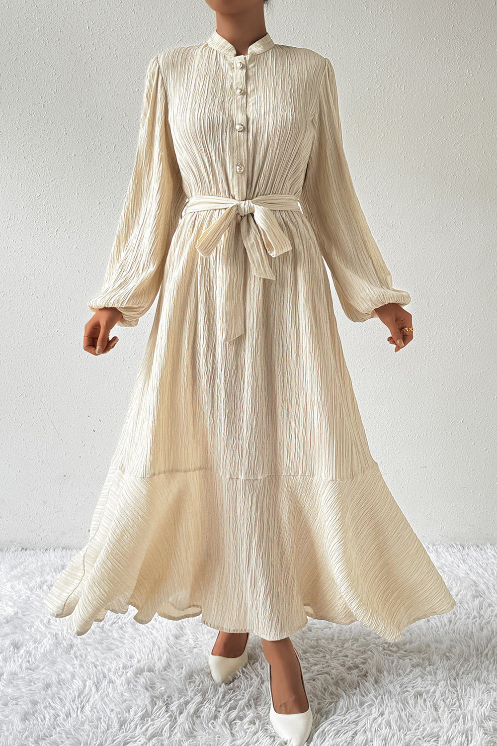 Tied Button Up Balloon Sleeve Dress - store name