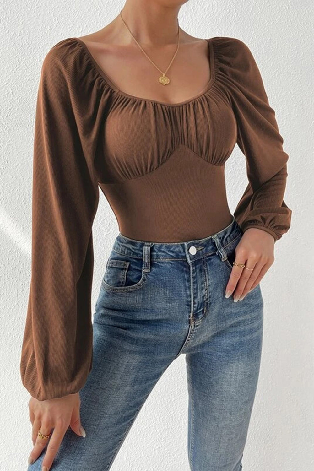 Ruched Balloon Sleeve Bodysuit - store name