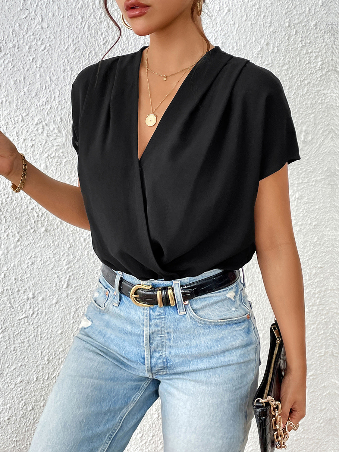 Surplice Short Sleeve Ruched Bodysuit - store name