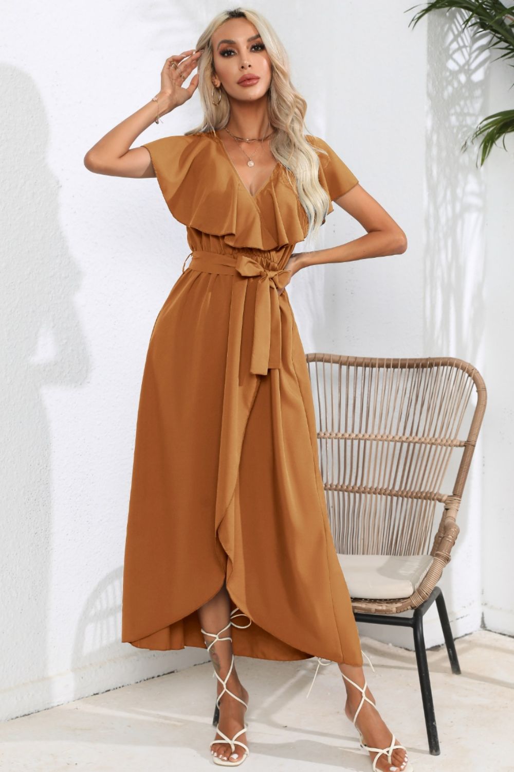 Ruffled Tied V-Neck Midi Dress - store name