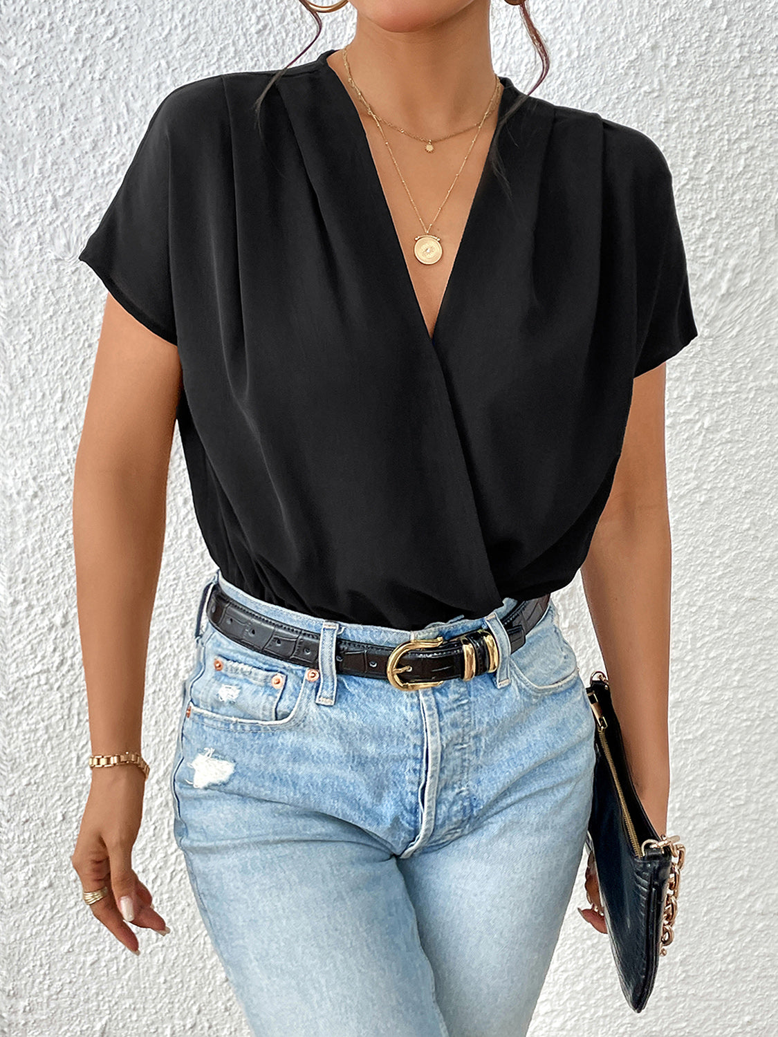 Surplice Short Sleeve Ruched Bodysuit - store name