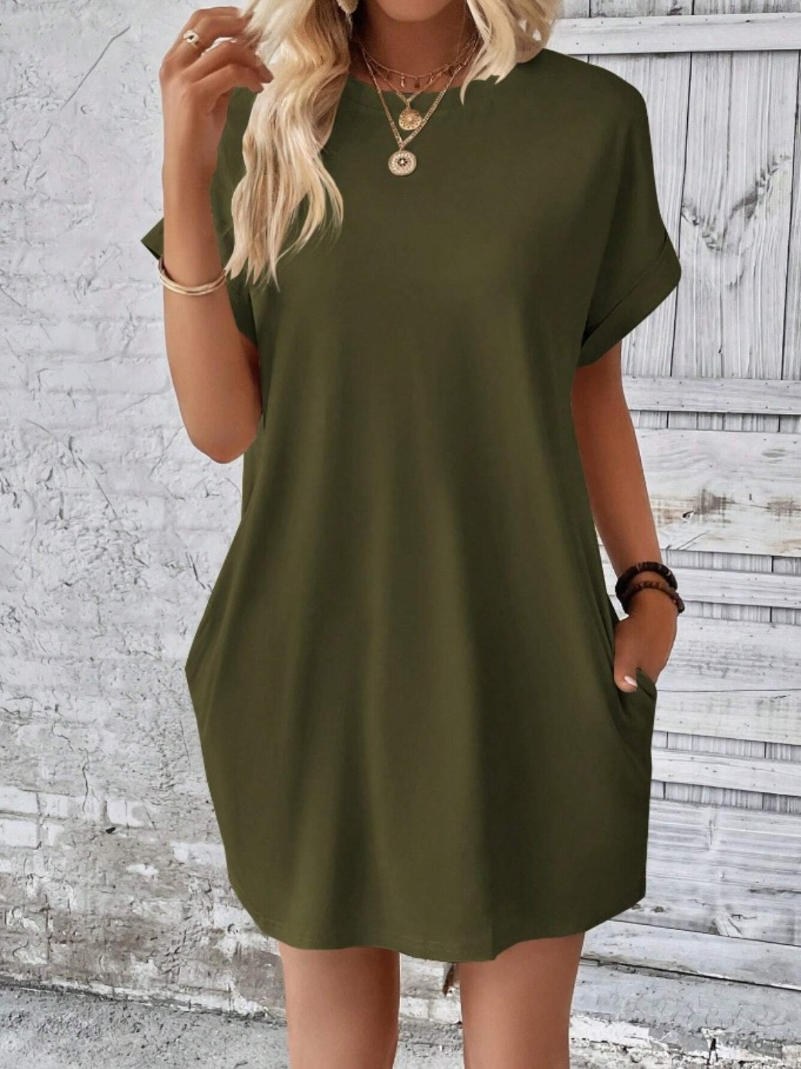 Pocketed Round Neck Short Sleeve Dress - store name