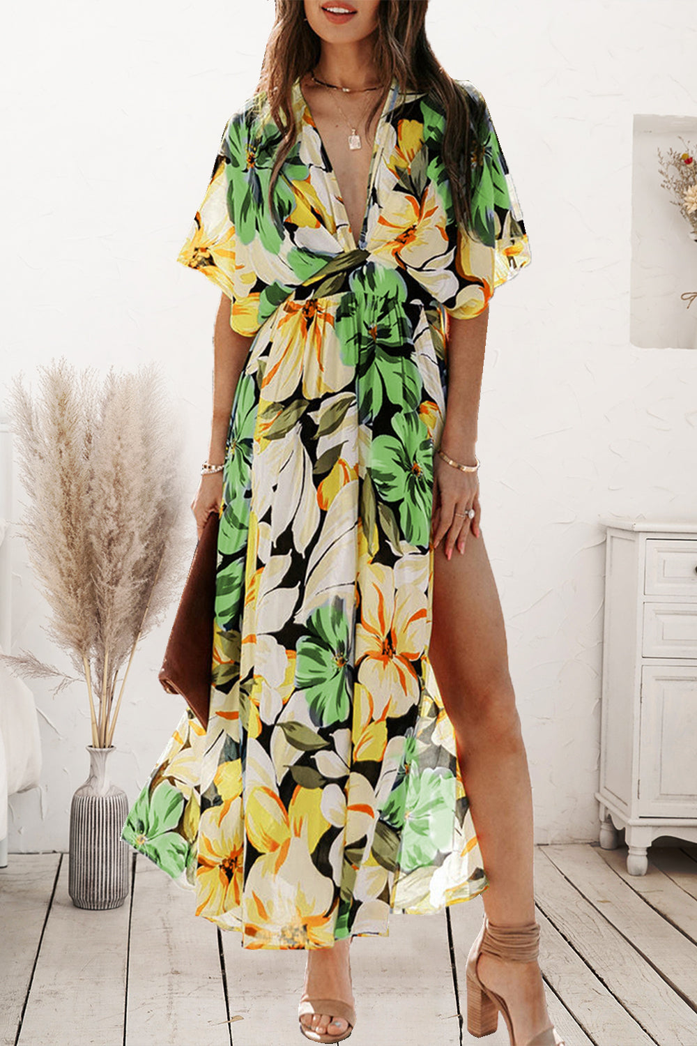 Plunge Printed Split Midi Dress - store name