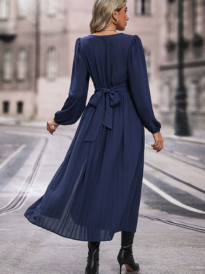 V-Neck Long Sleeve Pleated Slit Dress - store name