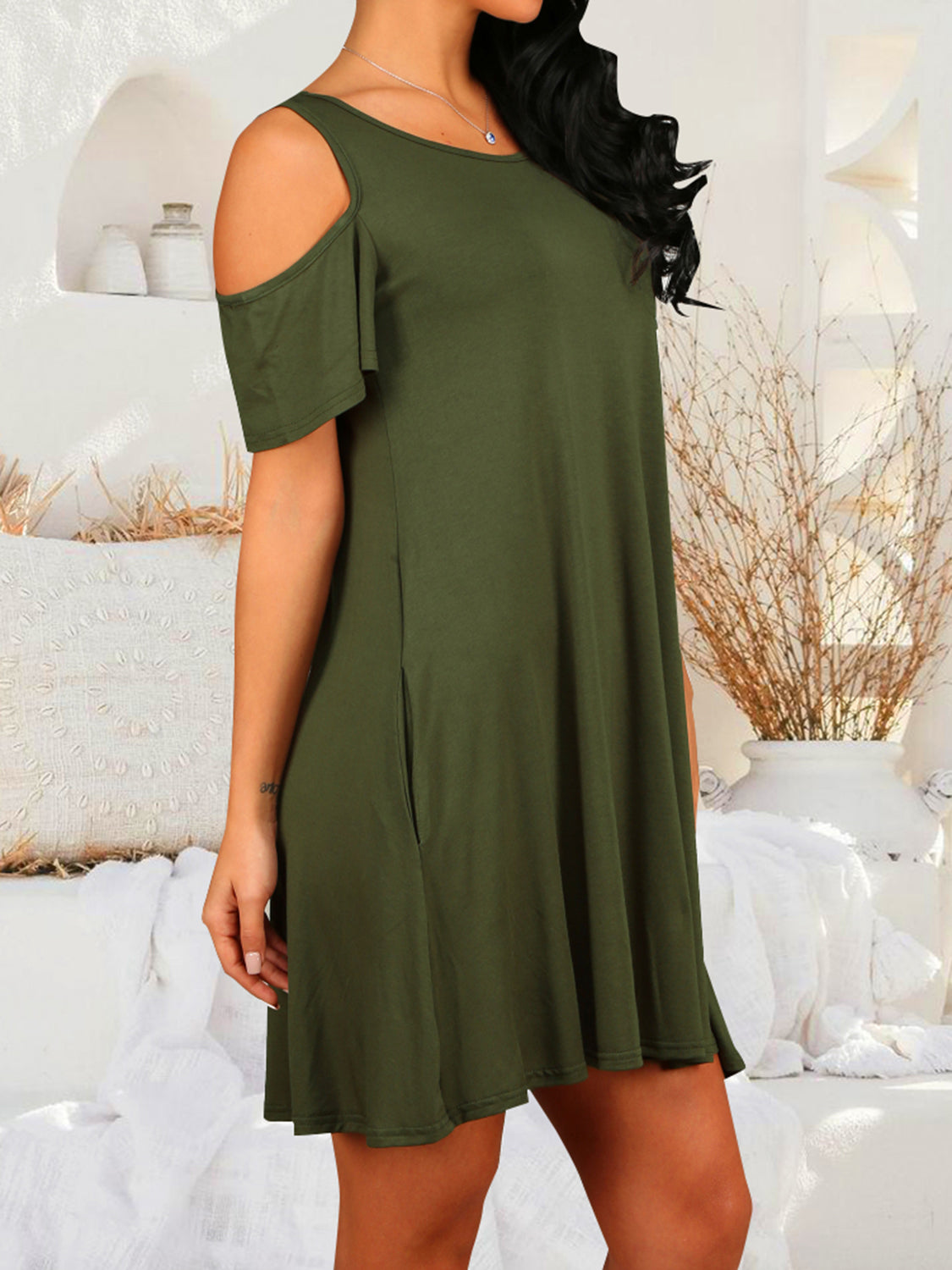 Round Neck Cold Shoulder Short Sleeve Dress - store name