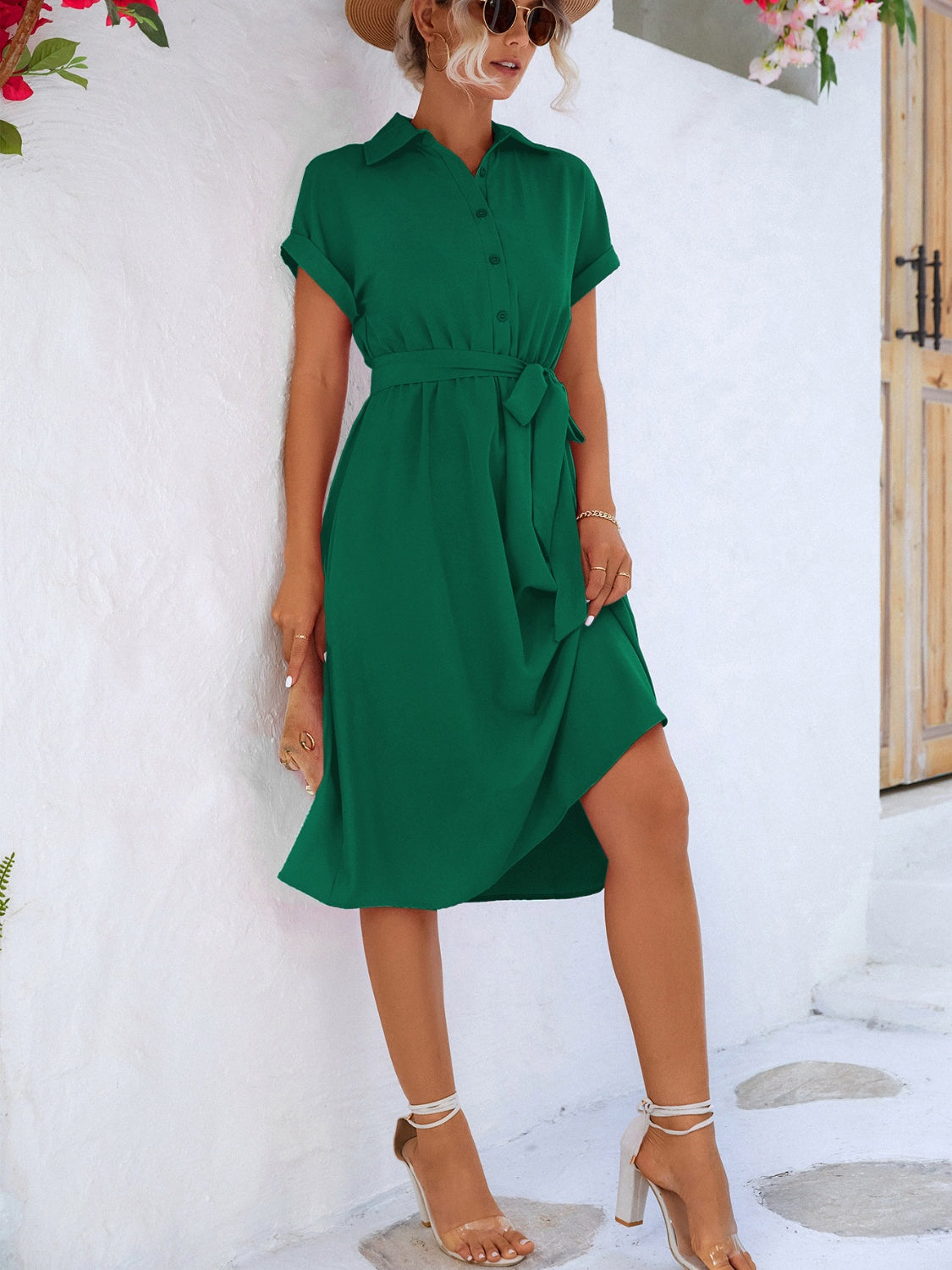 Buttoned Tie Waist Short Sleeve Dress - store name