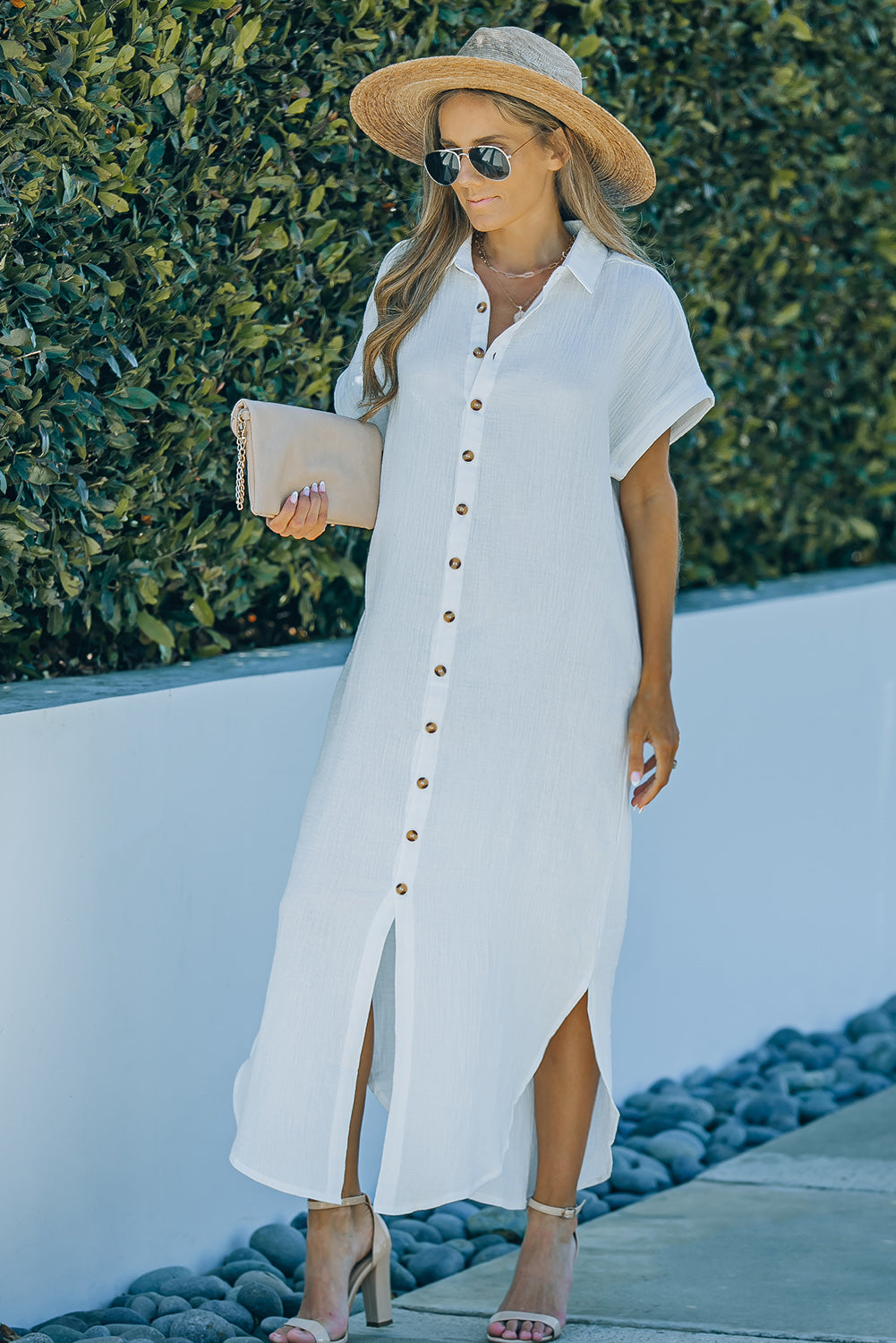 Textured Button Down Slit Shirt Dress - store name