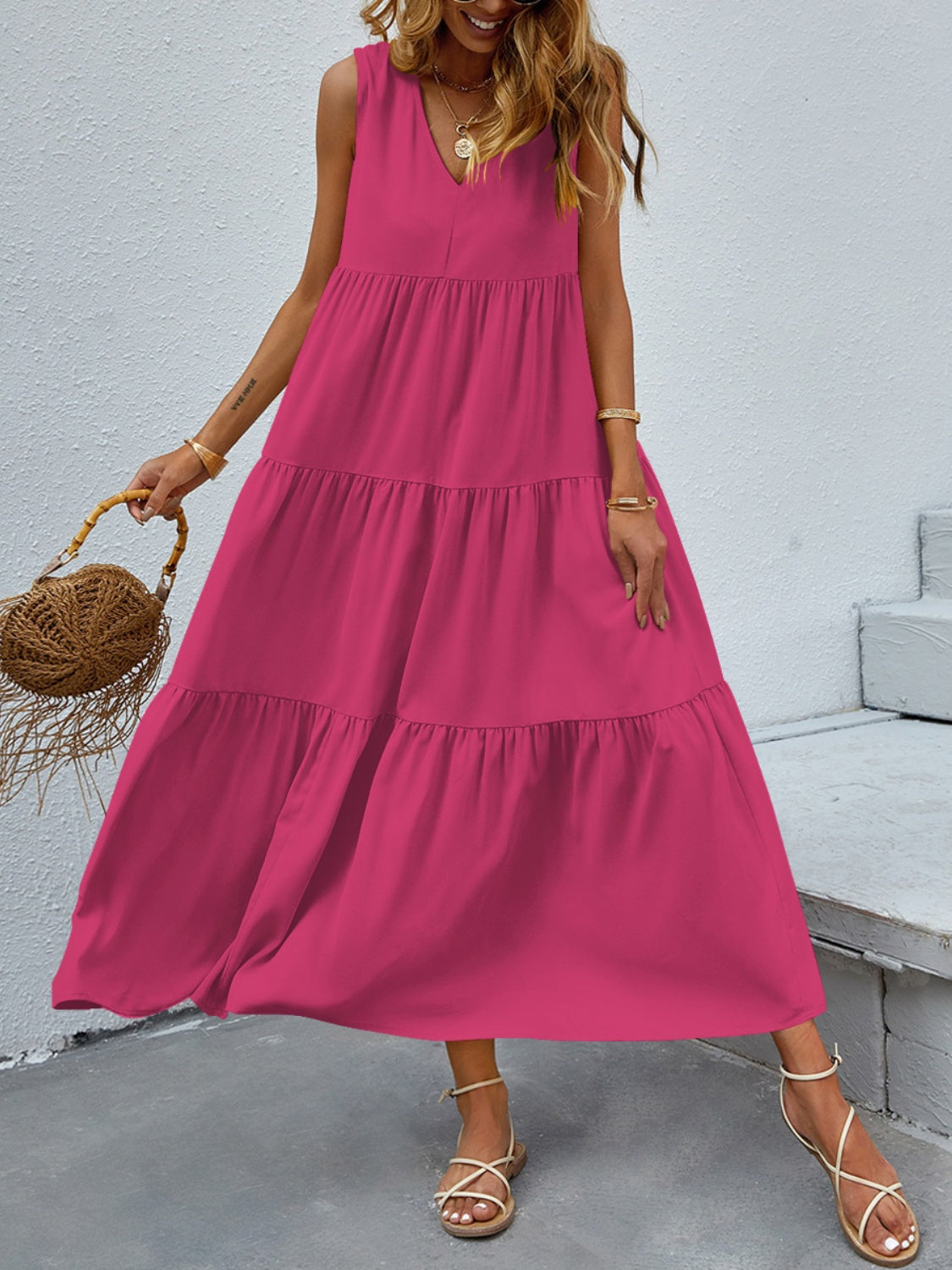 Tiered V-Neck Sleeve Dress - store name