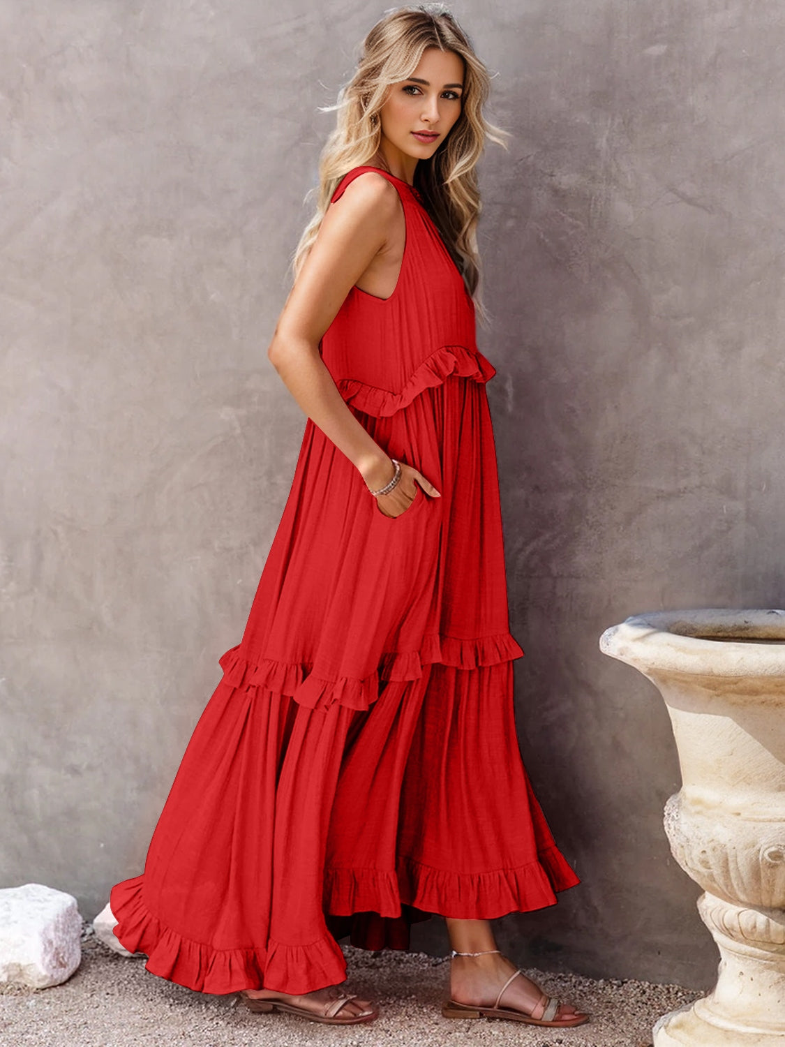 Ruffled Sleeveless Tiered Maxi Dress with Pockets - store name