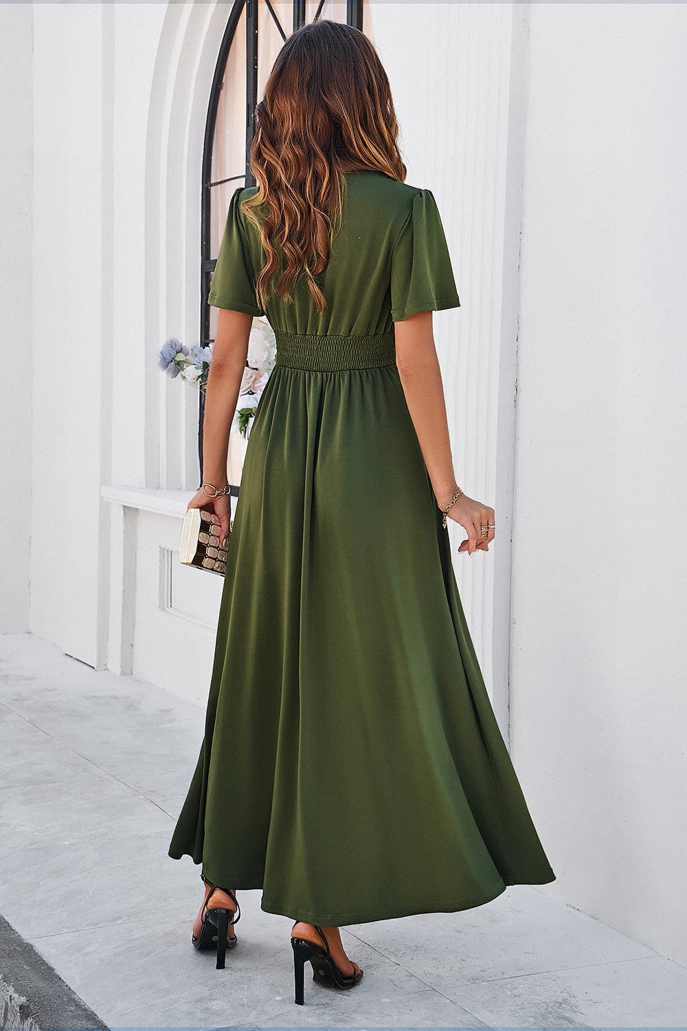 Slit V-Neck Short Sleeve Dress - store name