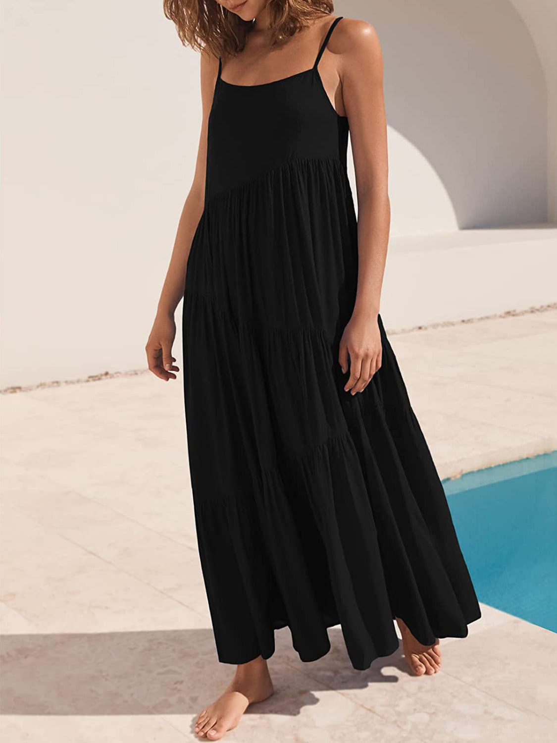 Full Size Ruched Tiered Spaghetti Strap Dress - store name