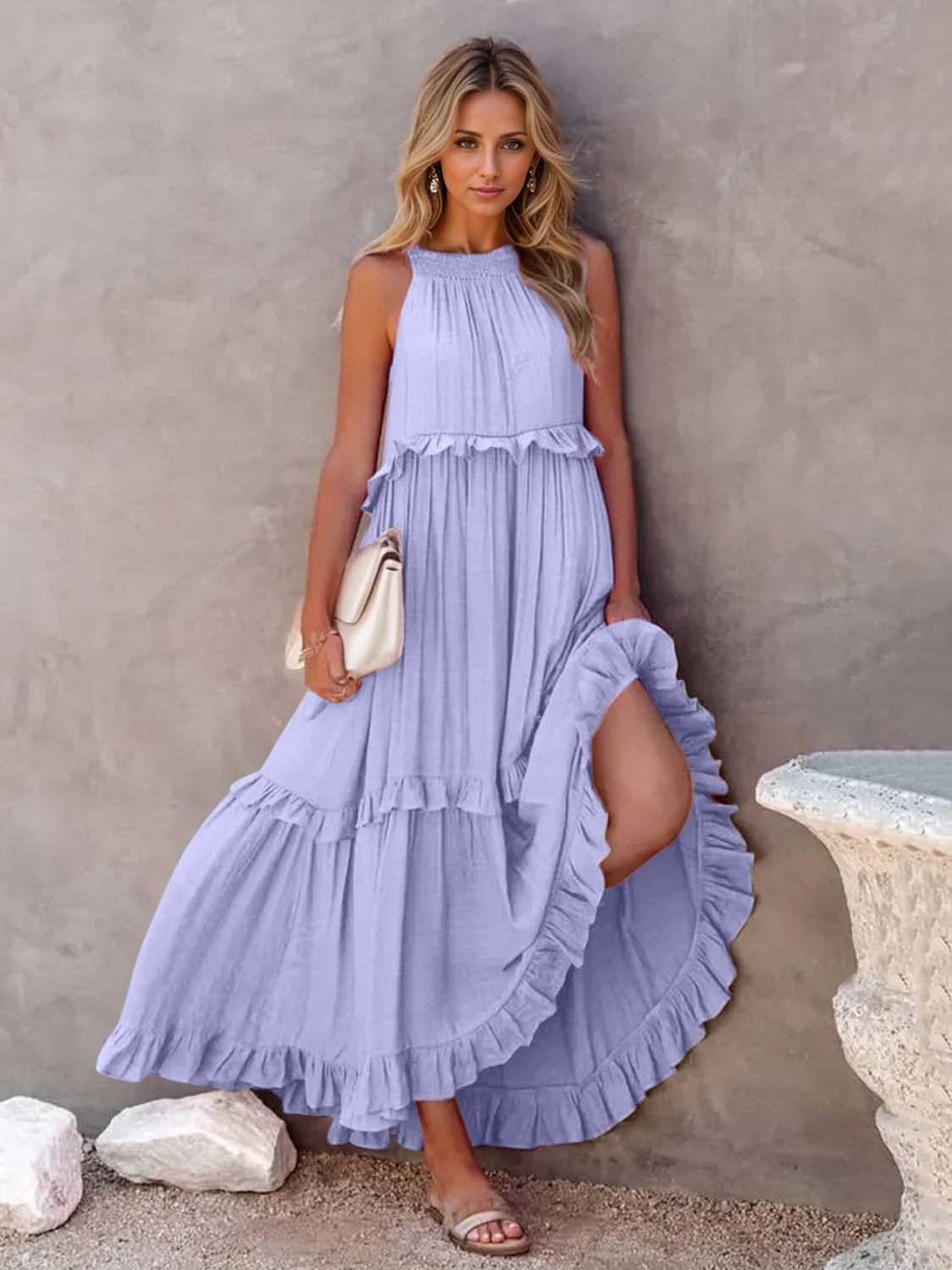 Ruffled Sleeveless Tiered Maxi Dress with Pockets - store name
