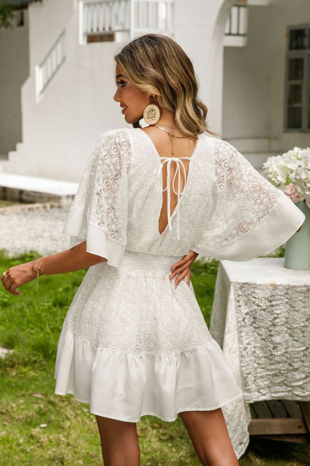 Lace Cutout Surplice Half Sleeve Dress - store name