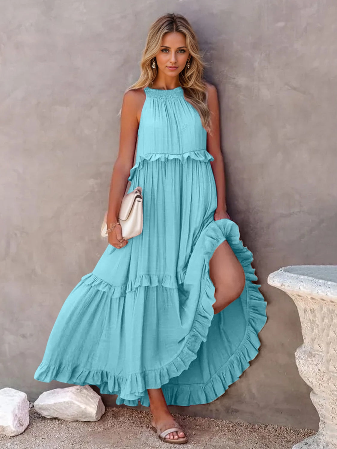 Ruffled Sleeveless Tiered Maxi Dress with Pockets - store name