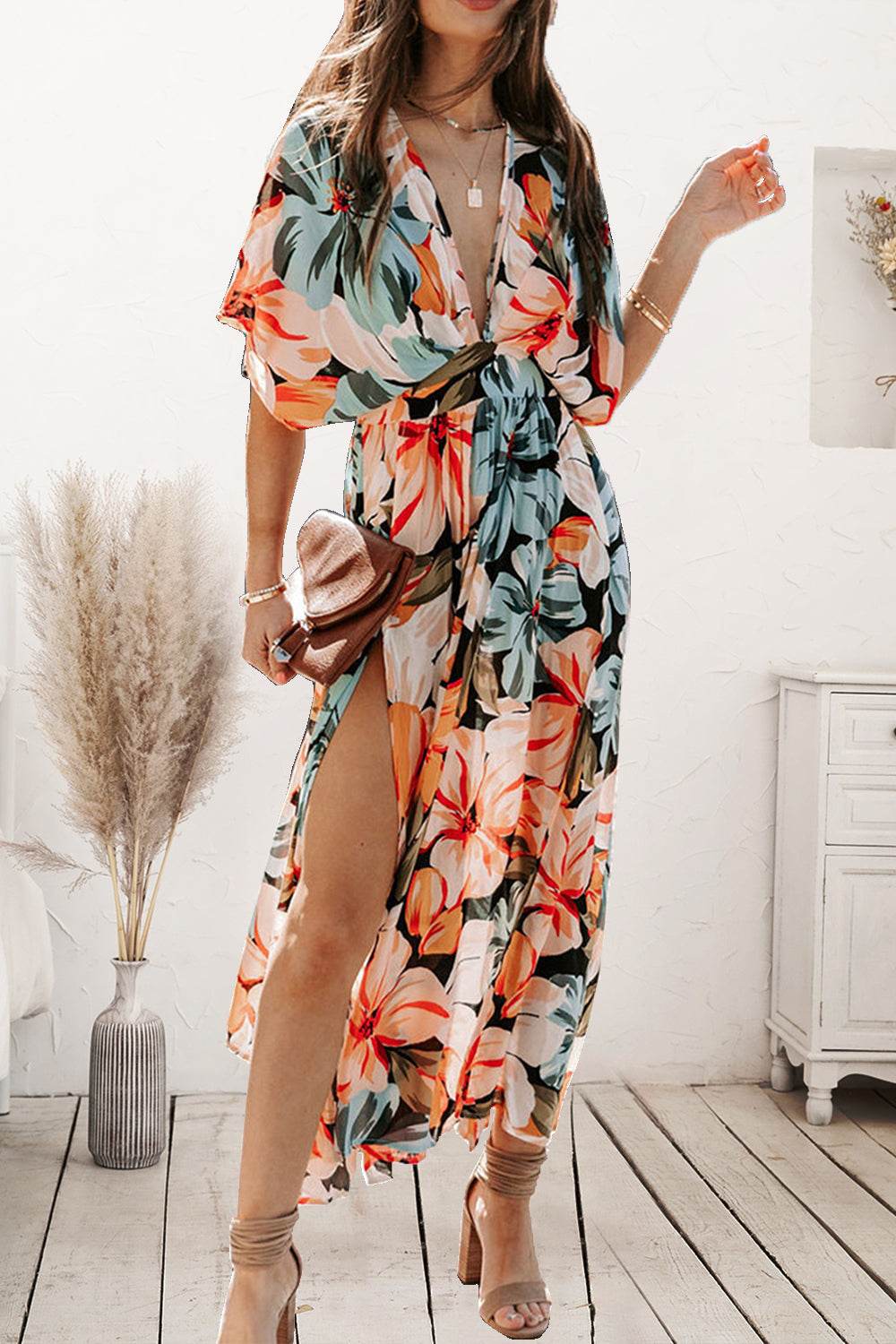 Plunge Printed Split Midi Dress - store name