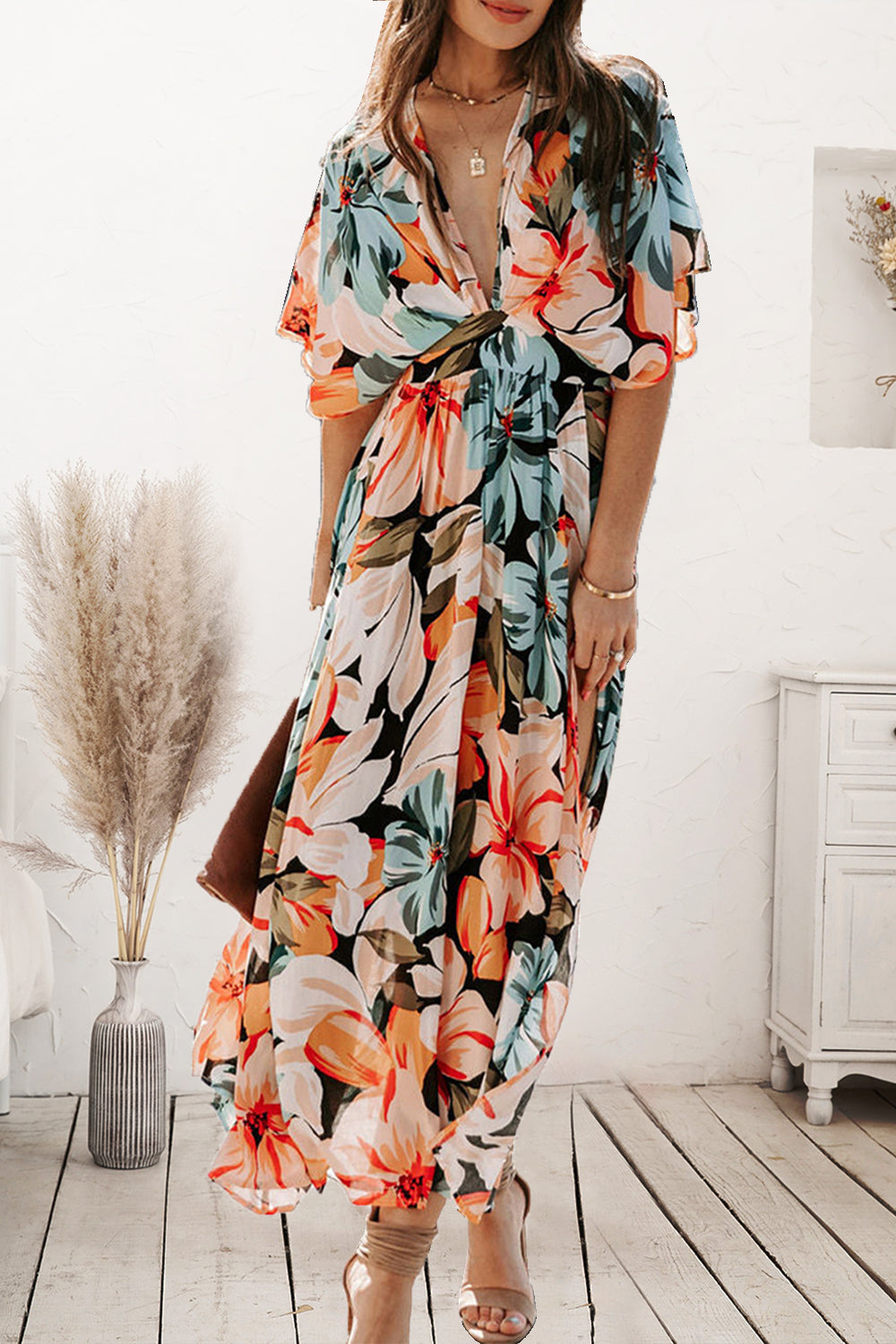 Plunge Printed Split Midi Dress - store name